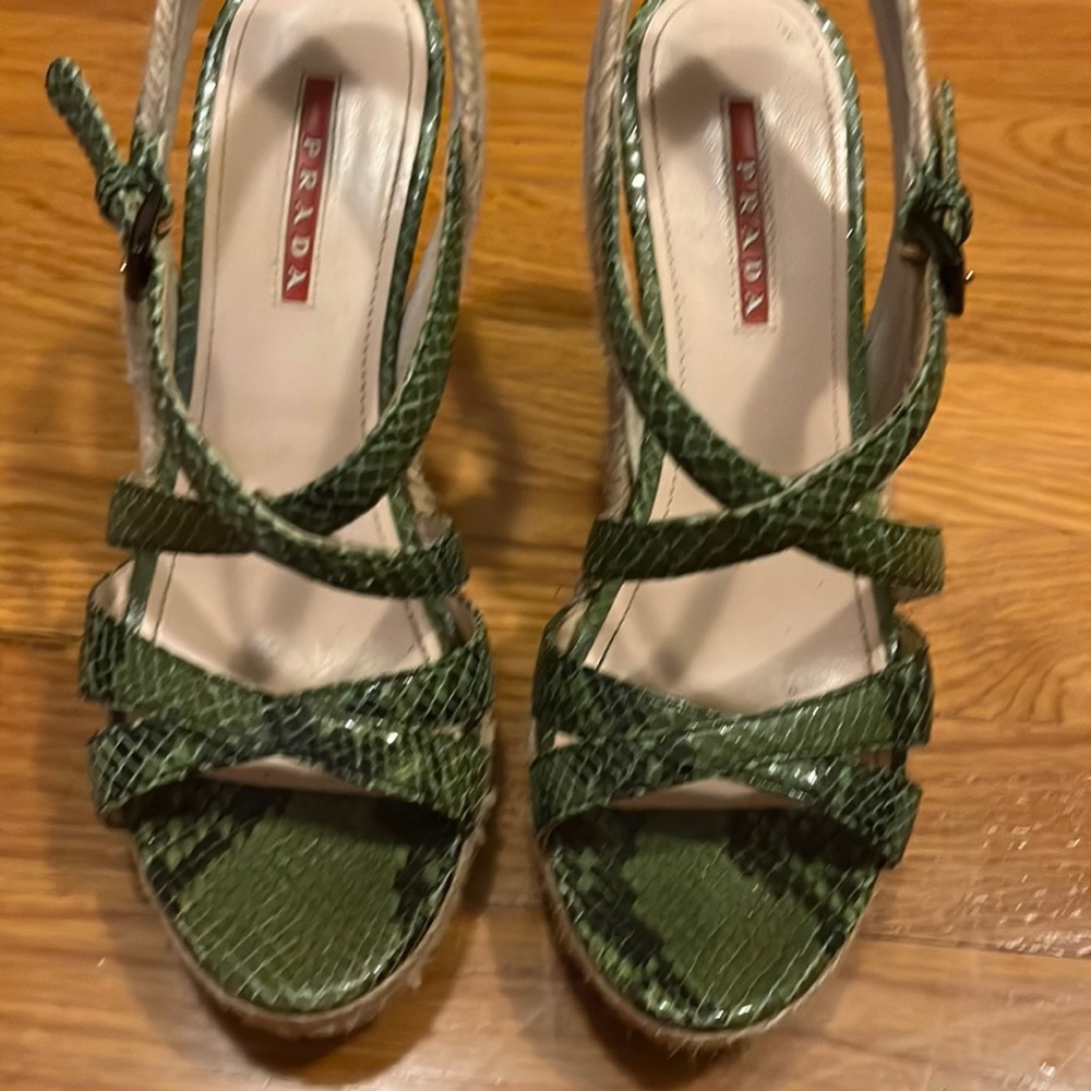 Prada green snake skin wedge